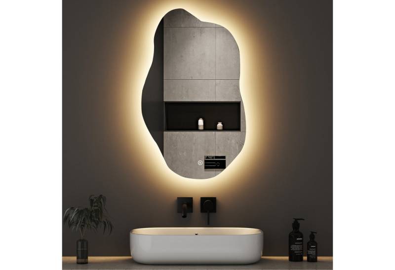 WDWRITTI Wandspiegel mit beleuchtung Badspiegel LED Touch Modern Dreifarbiges Dimmbar (LED Spiegel Bad Schminkspiegel Dekospiegel, Wolke, Wassertropfen, Stein), LED Multifunktionspiegel, Asymmetrisch Spiegel von WDWRITTI