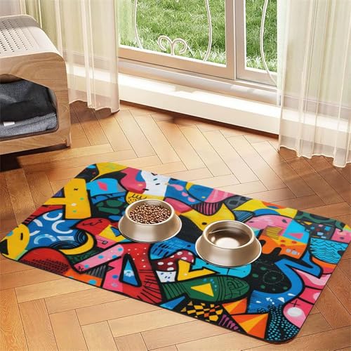 Bunte Wand-Graffiti-Haustierfuttermatte, 60 x 39,9 cm, saugfähig, rutschfest, PU-Leder, Futtermatte für Hunde und Katzen, Gummi-Unterseite, schnell trocknend, rollbar, Haustiernapf-Platzdeckchen Bunte Wand-Graffiti-Haustierfuttermatte, 60 x 39,9 cm, saugfähig, rutschfest, PU-Leder, Futtermatte für Hunde und Katzen, Gummi-Unterseite, schnell trocknend, rollbar, Haustiernapf-Platzdeckchen von WDXQHY