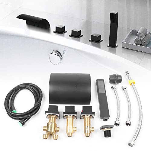 Badewannenarmatur Wasserfall Schwarz Wannenrand 5-Loch Wannenrandarmatur Badewanne Wasserhahn Rainshower Handbrause Set Bad Dusche Badezimmer Armatur von WDZCZDoo