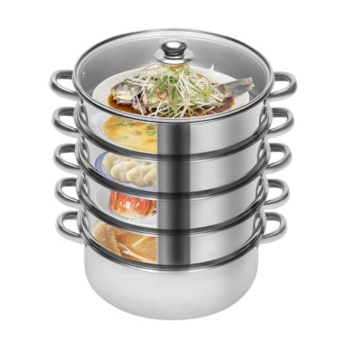 Dampfgarer Set 26cm (10 Zoll) – 5-stöckig aus Lebensmittel-Edelstahl, 3-lagiger Verbundboden, Transparenter Glasdeckel, Induktion/Gas/E-Herd geeignet – Für Fisch, Gemüse, Dim Sum von WDZCZDoo