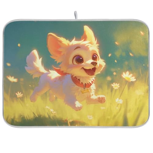 Abtropfmatte im Chibi-Stil, Cartoon, niedlicher weißer Hund, saugfähig, Mikrofaser, Küchenabtropfmatte, Pionierfrau, 45,7 x 61 cm von WDdZzyy