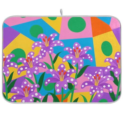 Abtropfmatte mit bunten geometrischen Formen, violette Lilien, saugfähige Mikrofaser-Abtropfmatte, besonders für Cocina Modernos, 45,7 x 61 cm von WDdZzyy