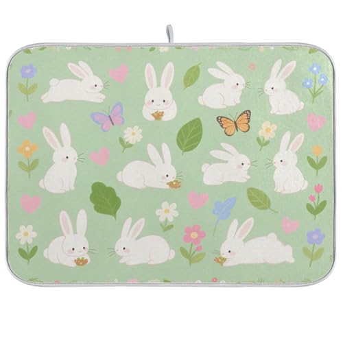 Abtropfmatte mit grünem Kaninchen, Schmetterling, saugfähige Mikrofaser-Matte unter Abtropfgestell, Tapete para cocina, 45,7 x 61 cm von WDdZzyy