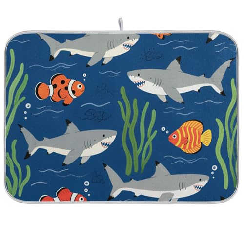 Abtropfmatte mit niedlichem Cartoon-Haifisch, marineblau, saugfähiges Mikrofaser-Abtropfgestell mit Matte, Contenedor Para Vasos Mojados, 45,7 x 61 cm von WDdZzyy
