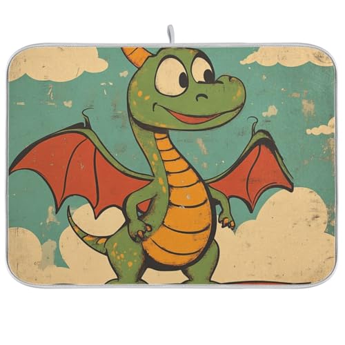Abtropfmatte mit niedlichem Cartoon-Motiv und grünem Drachen, saugfähig, Mikrofaser, Küchenzubehör für Arbeitsplattenregal, Para Platos, 45,7 x 61 cm von WDdZzyy