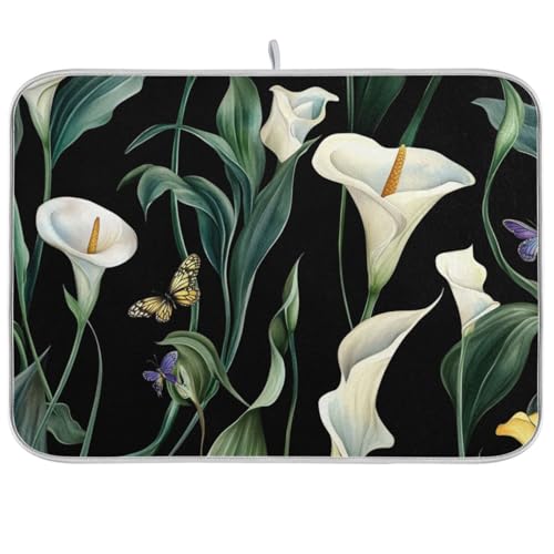 Art Calla Lily Abtropfmatte mit schwarzer Blume, saugfähig, Mikrofaser, Abtropfmatte, Pionierfrau, 45,7 x 61 cm von WDdZzyy