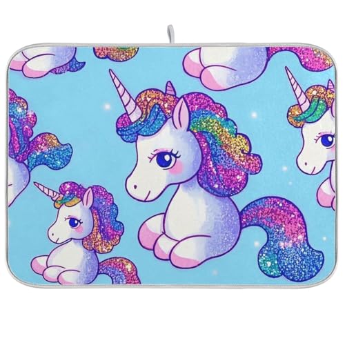 Gefälschte Glitzer-Cartoon-Einhörner, blaue Abtropfmatte, saugfähige Mikrofaser-Abtropfmatten für Küchentheke, Ecurridor de Platos Para Fregadero, 45,7 x 61 cm von WDdZzyy