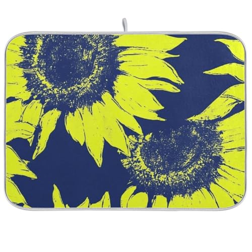 Geschirrmatte, saugfähig, Mikrofaser, Sonnenblumen-Motiv, Limettengrün und Marineblau, 45,7 x 61 cm von WDdZzyy