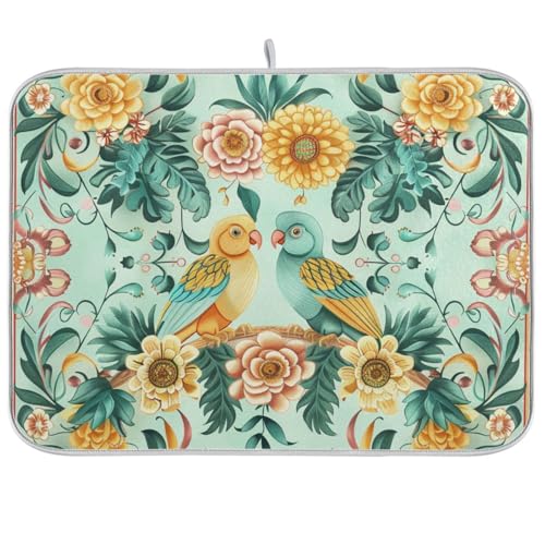 Geschirrmatte im Boho-Stil mit Blumenmuster, orangefarbene Vögel, saugfähig, Mikrofaser, Abtropfgestell, Para-Platos, 45,7 x 61 cm von WDdZzyy