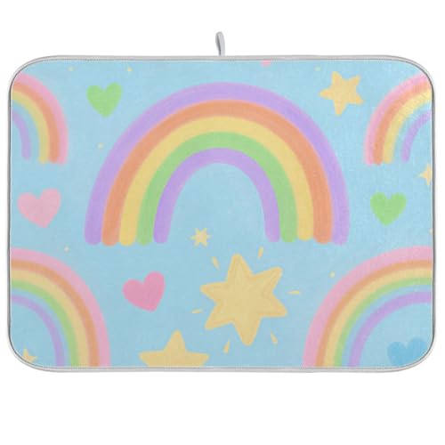 Geschirrmatte mit Regenbogen-Herzen, blau, saugfähige Mikrofaser-Abtropfmatte und Gestell für Para Cocina, 45,7 x 61 cm von WDdZzyy