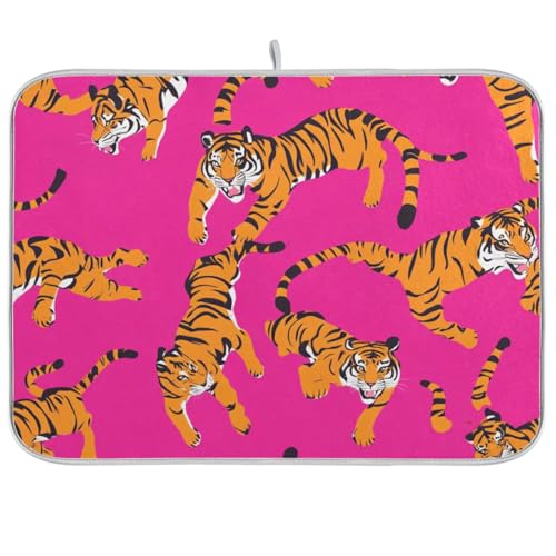 Geschirrmatte mit niedlichem Cartoon-Tiger-Muster, saugfähig, Mikrofaser, zum Abtrocknen, matt, Ecurridor de Platos Para Fregadero, 45,7 x 61 cm, Rosa von WDdZzyy