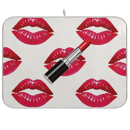Niedliche Cartoon-Lippenstift-Geschirrmatte, saugfähig, Mikrofaser, Abtropfgestell, Ecurridor de Platos Para Fregadero, 45,7 x 61 cm von WDdZzyy