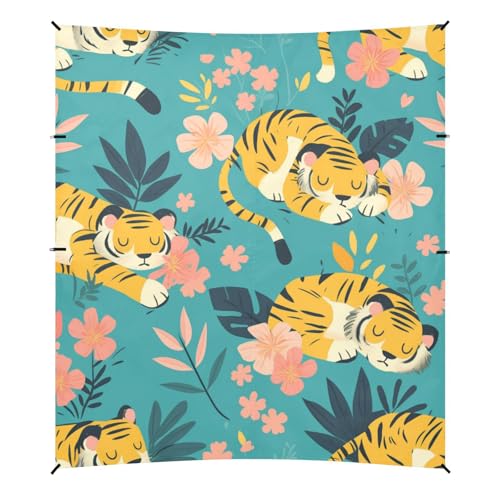 Safari Sleeping Tigers Flower Green Beach Cabana UPF50+ Protection Water-Resistant Outdoor Sun Shade with Sand Shovel for Family Trips, Picnics & Camping von WDdZzyy