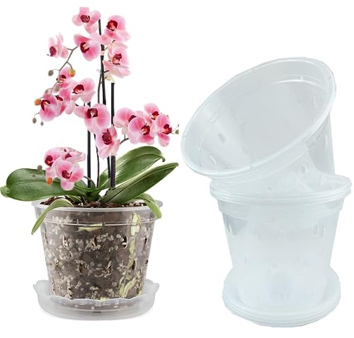 WDragon Transparenter Orchideentopf, 11 cm, 14 cm, 17 cm, Kunststoff-Pflanztöpfe mit Löchern und Untersetzern, Kindergartentöpfe für Orchideen-Umtopf-Set (5, 11 cm mit Untersetzer) von WDragon