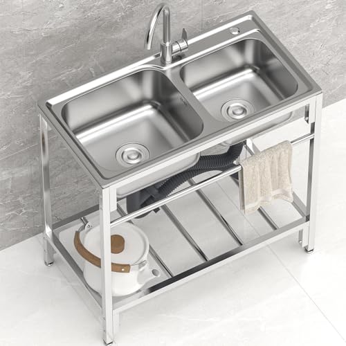 Edelstahl-Spüle, Vorbereitungs- und Nutzspüle, 2 Fächer, kommerzielle Küchenspüle, Handwaschstation mit Ablagen und Wasserhahn, Combo für Innen- und Außenbereich, Wohnmobil (Silber) von WEAFIEO