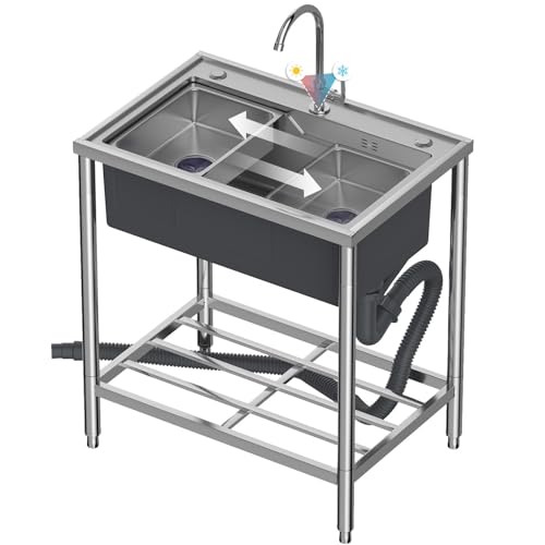 Freistehende Einzelbecken-Spüle, Küchenspüle, Edelstahl-Waschspüle mit Aufbewahrung, Allzweckwaschbecken, Handwaschbecken, für Küche, Schränke, Badezimmer und Waschküche von WEAFIEO