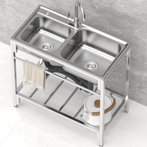 Utility Sink 2 Compartment, Commercial Kitchen Stainless Steel Sink with Tap & Shelves Anti-Overflow for Business Restaurant, Cafe, Bar, Hotel, Garage, Waschküche, Outdoor von WEAFIEO