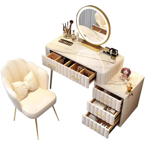 WEAFIEO Gepolsterter Schminktisch aus gestepptem Samt mit Touch-LED-Spiegelleuchten, 5 Schubladen, Hocker, Sitz, Schminktisch, Schlafzimmermöbel, modernes rechteckiges Kommode-Set von WEAFIEO