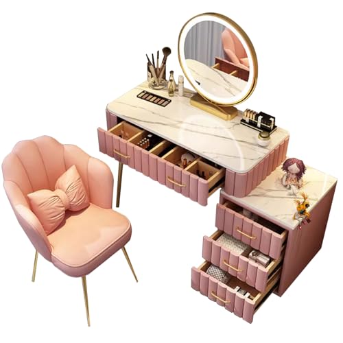 WEAFIEO Gepolsterter Schminktisch aus gestepptem Samt mit Touch-LED-Spiegelleuchten, 5 Schubladen, Hocker, Sitz, Schminktisch, Schlafzimmermöbel, modernes rechteckiges Kommode-Set von WEAFIEO