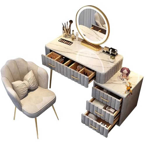 WEAFIEO Gepolsterter Schminktisch aus gestepptem Samt mit Touch-LED-Spiegelleuchten, 5 Schubladen, Hocker, Sitz, Schminktisch, Schlafzimmermöbel, modernes rechteckiges Kommode-Set von WEAFIEO