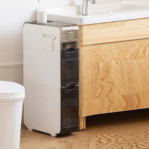 WEAFIEO Kleiner Badezimmer-Aufbewahrungsschrank, wasserdicht, schmal, schmal, 3 Ebenen, seitliche Rolleinheit mit transparenten Schubladen und Rollen für kleine Küche, Waschküche, Wohnzimmer von WEAFIEO