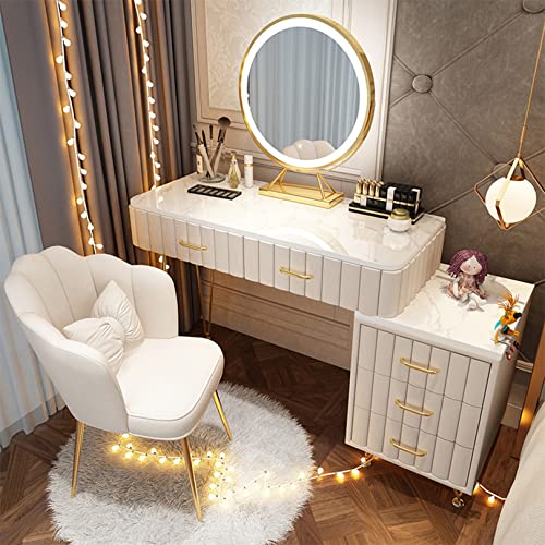 WEAFIEO Schminktisch mit LED-Leuchten Spiegel, Schminktisch mit einstellbarer Helligkeit Spiegel, Schminktisch mit 5 Schubladen und Hocker Set, Schlafzimmer Kommode von WEAFIEO