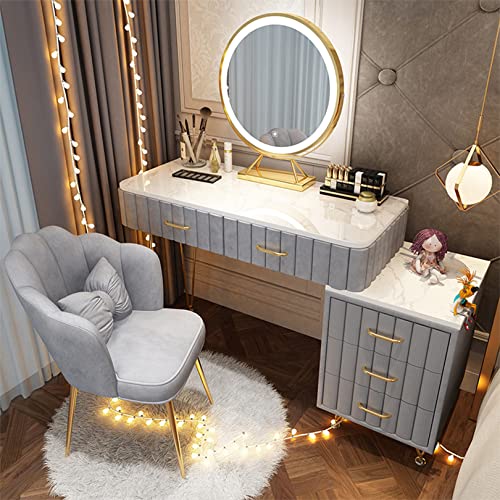 WEAFIEO Schminktisch mit LED-Leuchten Spiegel, Schminktisch mit einstellbarer Helligkeit Spiegel, Schminktisch mit 5 Schubladen und Hocker Set, Schlafzimmer Kommode von WEAFIEO