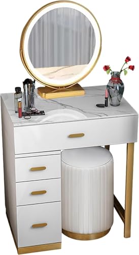 WEAFIEO Schminktisch mit LED Spiegel, Einstellbare Helligkeit, Schminktisch und Hocker Set, Rückenlehne Verstellbarer Schminkstuhl, Moderner Schminktisch mit 4 Schubladen von WEAFIEO
