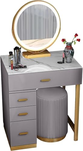 WEAFIEO Schminktisch mit LED Spiegel, Einstellbare Helligkeit, Schminktisch und Hocker Set, Rückenlehne Verstellbarer Schminkstuhl, Moderner Schminktisch mit 4 Schubladen von WEAFIEO