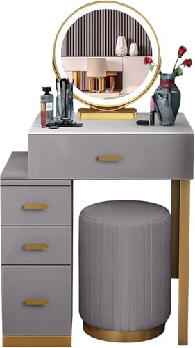 WEAFIEO Schminktisch und Hocker-Set mit 3-farbigen LED-Lichtern, drehbarem Spiegel, Ladestation, Schubladen, Schrank und Induktion des menschlichen Körpers, Schlafzimmer-Kommode, Kosmetik von WEAFIEO