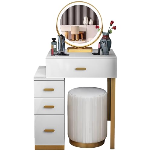 WEAFIEO Schminktisch und Hocker-Set mit 3-farbigen LED-Lichtern, drehbarem Spiegel, Ladestation, Schubladen, Schrank und Induktion des menschlichen Körpers, Schlafzimmer-Kommode, Kosmetik von WEAFIEO