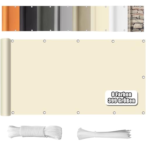 WEALSFUN Balkon Sichtschutz Balkonabdeckung (390Größen & 8 Farben) Balkonverkleidung Ohne Bohren blickdichte Wind UV-Schutz mit Ösen Kabelbinder Kordel,100X300CM Creme von WEALSFUN