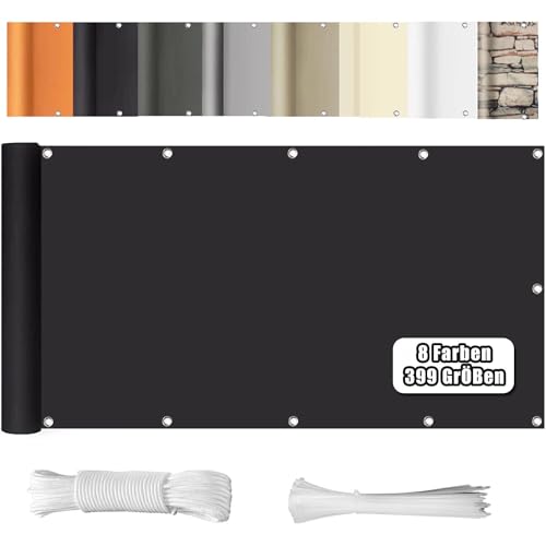 WEALSFUN Balkonabdeckung (390Größen & 8 Farben) Balkonverkleidung Ohne Bohren blickdichte Wind UV-Schutz mit Ösen Kabelbinder Kordel,55X300CM Schwarz von WEALSFUN