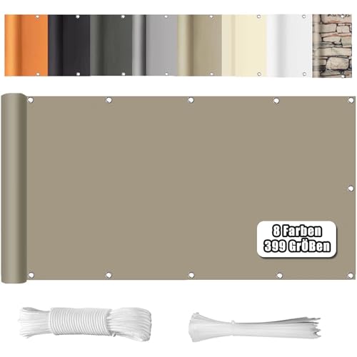 WEALSFUN Balkonabdeckung (390Größen & 8 Farben) Balkonverkleidung Ohne Bohren blickdichte Wind UV-Schutz mit Ösen Kabelbinder Kordel,75X100CM Khaki von WEALSFUN