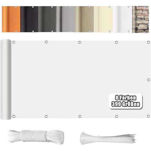 WEALSFUN Balkonabdeckung (390Größen & 8 Farben) Balkonverkleidung Ohne Bohren blickdichte Wind UV-Schutz mit Ösen Kabelbinder Kordel,80X600CM Weiß von WEALSFUN