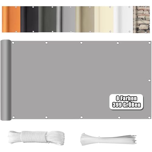 WEALSFUN Balkonabdeckung (390Größen & 8 Farben) Balkonverkleidung Ohne Bohren blickdichte Wind UV-Schutz mit Ösen Kabelbinder Kordel,80X800CM Hellgrau von WEALSFUN