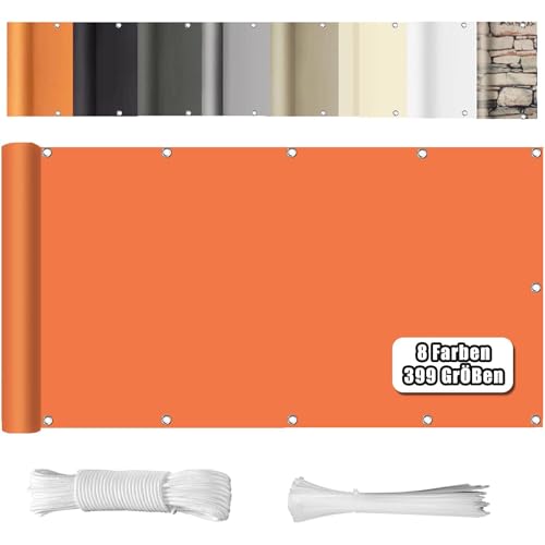 WEALSFUN Balkonabdeckung (390Größen & 8 Farben) Balkonverkleidung Ohne Bohren blickdichte Wind UV-Schutz mit Ösen Kabelbinder Kordel,90X900CM Orange von WEALSFUN