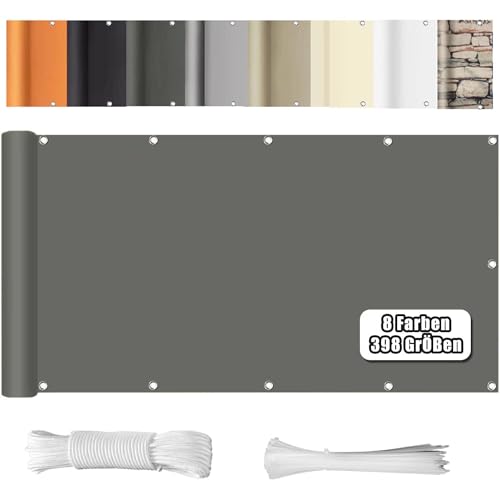 WEALSFUN Balkonabdeckung (390Größen & 8 Farben) Balkonverkleidung Ohne Bohren blickdichte Wind UV-Schutz mit Ösen Kabelbinder Kordel,95X950CM Grau von WEALSFUN