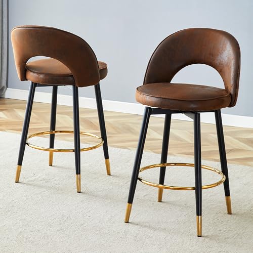 2er‑Set 360°‑Schwenk Sitzmöbel aus Kunstleder mit ergonomischer Lehne, gepolstertem Kissen, goldenem Stahlrahmen und Fußring – modernes Hockerpaar für Theke, Essbereich, Bar, Terrasse (Braun) von WEALTHKING