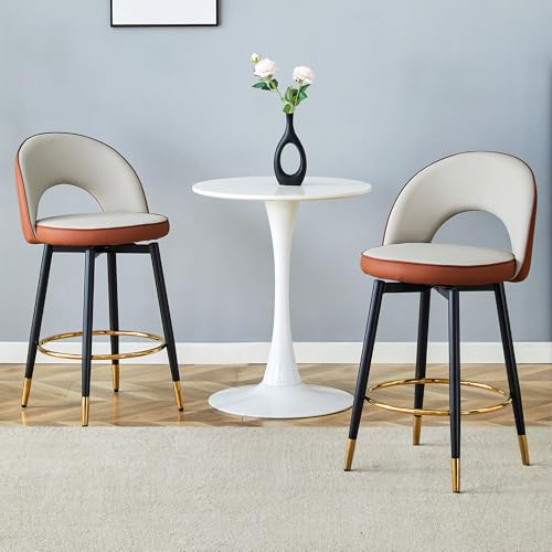 2er‑Set 360°‑Schwenk Sitzmöbel aus Kunstleder mit ergonomischer Lehne, gepolstertem Kissen, goldenem Stahlrahmen und Fußring – modernes Hockerpaar für Theke, Essbereich, Bar, Terrasse (Weiß+Braun) von WEALTHKING