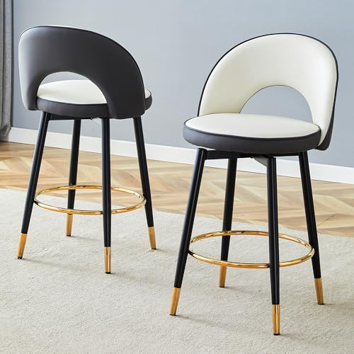 2er‑Set 360°‑Schwenk Sitzmöbel aus Kunstleder mit ergonomischer Lehne, gepolstertem Kissen, goldenem Stahlrahmen und Fußring – modernes Hockerpaar für Theke, Essbereich, Bar, Terrasse (Weiß+Schwarz) von WEALTHKING
