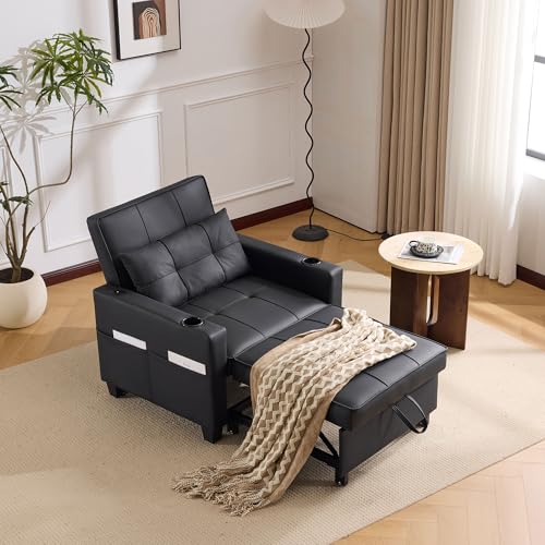 3-in-1 Ausziehbares Einzel-Schlafsofa mit Getränkehaltern, multifunktionaler Sessel, Sofa-Liegestuhl mit verstellbarem Rückenlehnenwinkel, platzsparender Schlafstuhl mit Seitentasche (Schwarz) von WEALTHKING