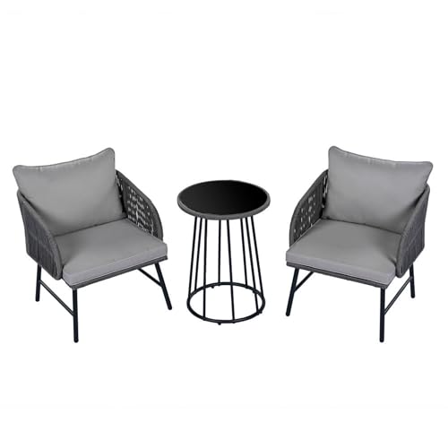 3-teiliges Bistro-Set mit handgeflochtenem Seil und Glastischplatte, wetterbeständigem Stahlrahmen, ergonomischen Sesseln mit hoher Tragkraft, geeignet für Balkon Terrasse Garten Außenbereich Café von WEALTHKING