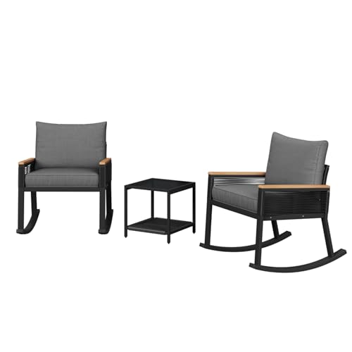 3-teiliges Schaukelstuhl Gartenmöbel Set mit Seilgeflecht Rückenlehne und Sitzkissen,Lounge Set mit Akazienholz Armlehnen,Terrassenstuhl Sitzgruppe mit Couchtisch Glasplatte für Garten Balkon Terrasse 3-teiliges Schaukelstuhl Gartenmöbel Set mit Seilgeflecht Rückenlehne und Sitzkissen,Lounge Set mit Akazienholz Armlehnen,Terrassenstuhl Sitzgruppe mit Couchtisch Glasplatte für Garten Balkon Terrasse von WEALTHKING