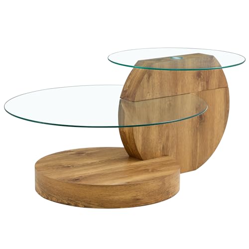 Avantgardistischer Wohnzimmertisch Runde Glasplatte MDF Basis Zweistufig Temperiertes Sicherheitsglas Moderner Sofatisch Eleganter Designer Tisch Minimalistisch Vielseitiger Loungetisch (Braun) von WEALTHKING