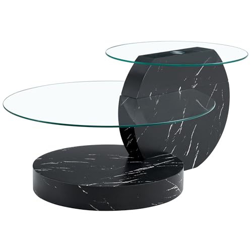 Avantgardistischer Wohnzimmertisch Runde Glasplatte MDF Basis Zweistufig Temperiertes Sicherheitsglas Moderner Sofatisch Eleganter Designer Tisch Minimalistisch Vielseitiger Loungetisch (Schwarz) von WEALTHKING