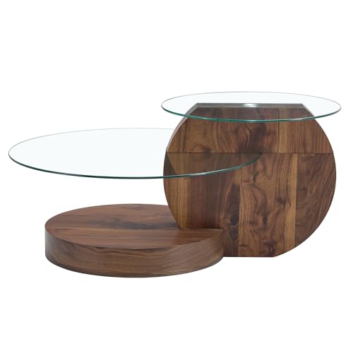 Avantgardistischer Wohnzimmertisch Runde Glasplatte MDF Basis Zweistufig Temperiertes Sicherheitsglas Moderner Sofatisch Eleganter Designer Tisch Minimalistisch Vielseitiger Loungetisch (Walnuss) von WEALTHKING