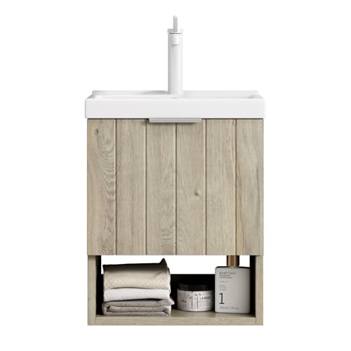 Bad-Waschtisch Wandmontage Set Keramikbecken pflegeleicht Softclose-Schrank Doppeltür offenes Regal Stauraum minimalistisches Design Holzmaserung Optik Massivfront (Eiche cremefarbene,42cm) von WEALTHKING
