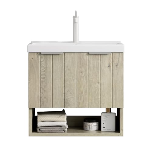 Bad-Waschtisch Wandmontage Set Keramikbecken pflegeleicht Softclose-Schrank Doppeltür offenes Regal Stauraum minimalistisches Design Holzmaserung Optik Massivfront (Eiche cremefarbene,55cm) von WEALTHKING