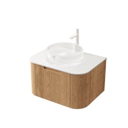 Bad-Waschtisch wandhängend Aufsatzbecken, Arbeitsplatte gesinterter Stein, Schrank Sperrholz 3D-Streifen, Soft-Close Schublade, natürliche Holzmaserung (Transparentes Rundes Glasbecken,61cm) von WEALTHKING